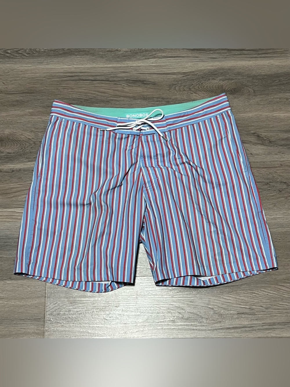 Bonobos Mens 36 Swim Trunks Shorts Lined Drawstring Striped Blue Red 7” Beach
